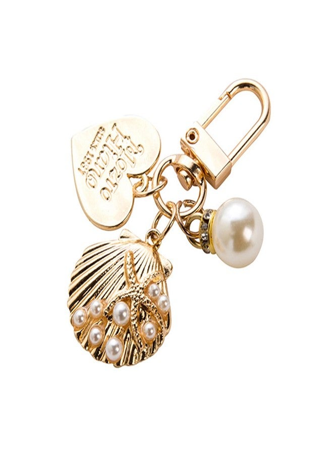 Spenlly Beach Keychain for Beach Ocean Lover Gift, Cute Pearl Shell Bag Purse Charms Summer Vacation Surfing Keyring Holder (Gold) - Image 1